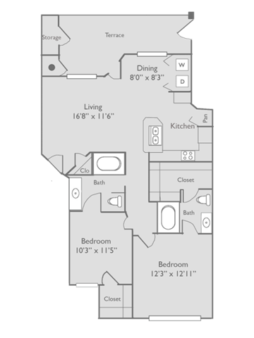 Floor plan for 2 beds, 2 baths, 963 sqft